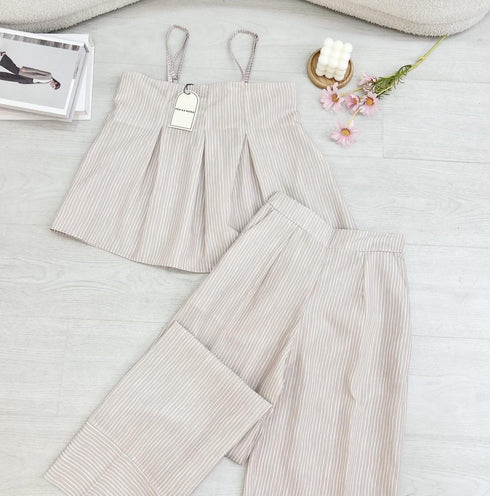 Summer Stripes Spaghetti Straps Pleated Tips With Pant